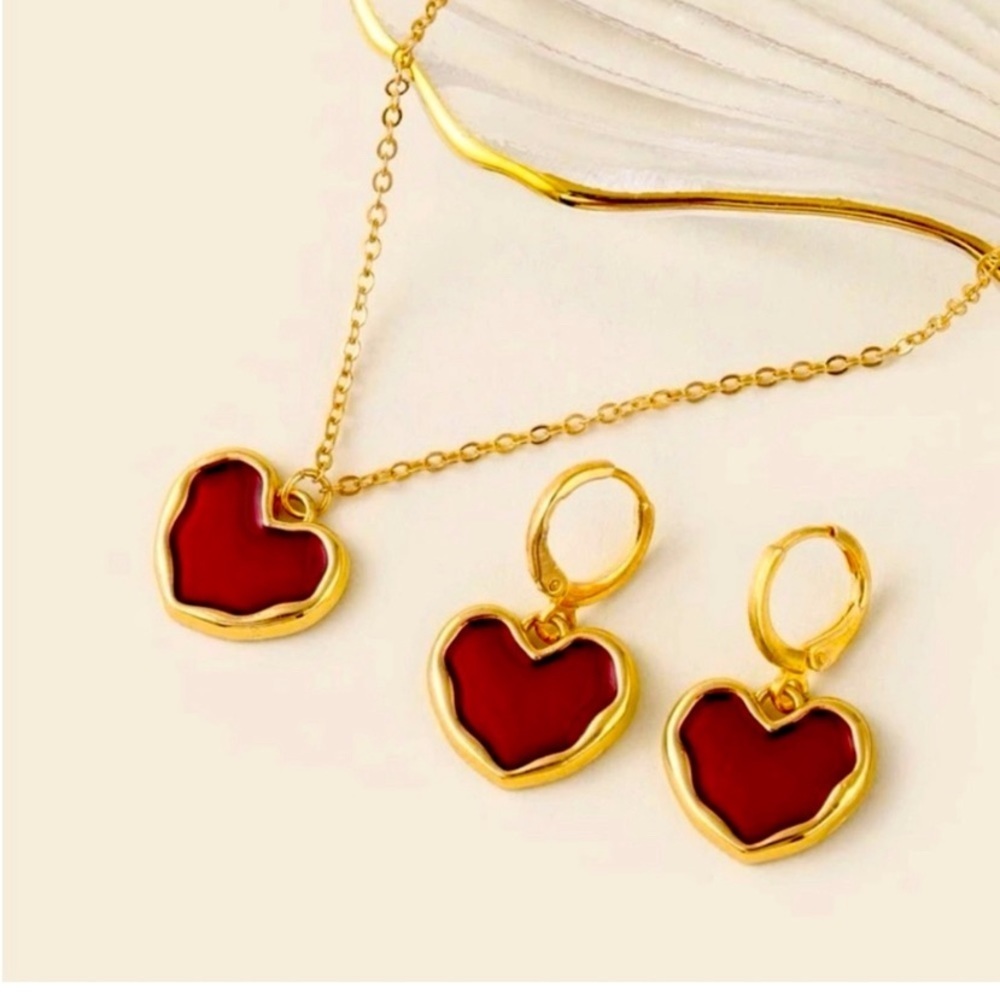 RED & GOLD HEART EARRING & NECKLACE SET